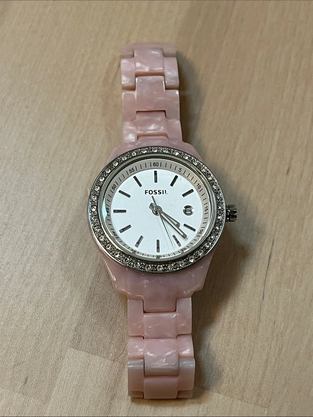 Fossil ES2688 Pave Bezel White Face Analog Watch & Pink Pearly Plastic Band